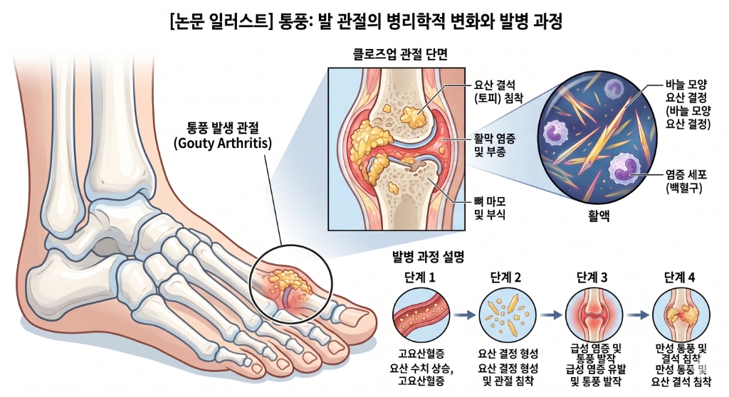 통풍 발 관절의 병리학적 변화와 발병 과정 해부도